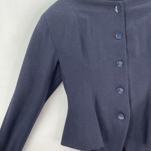 Vintage Avant garde Blazer Women 0 Navy Skirt Set Midi Slit Wool* Victorian Suit - Picture 10 of 16